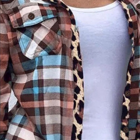 Plaid Print Leopard Trim Shirt Jacket - Picture 3 of 5